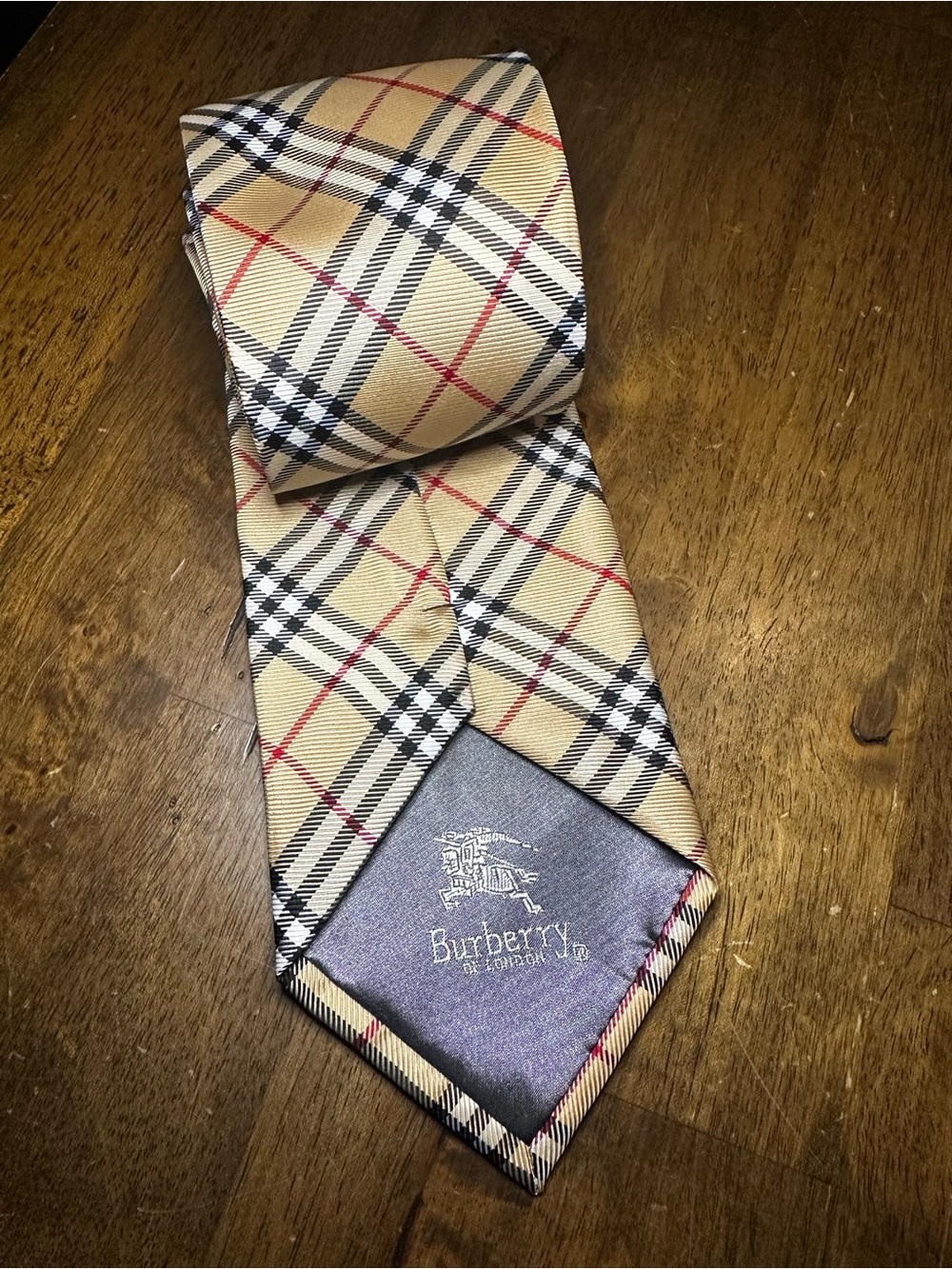 Burberry Beige Plaid Silk Tie with Black, White & Red Accents - Picture 2 of 7